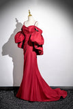 Burgundy Satin Long Prom Dress, Mermaid Spaghetti Strap Party Dress HZ0429