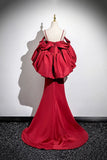 Burgundy Satin Long Prom Dress, Mermaid Spaghetti Strap Party Dress HZ0429