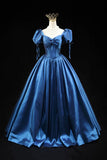 Blue Satin Ball Gown with Puff Sleeves, Princess Floor Length Prom Gown HZ0429