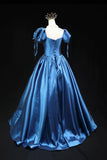 Blue Satin Ball Gown with Puff Sleeves, Princess Floor Length Prom Gown HZ0429