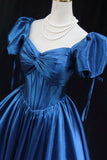 Blue Satin Ball Gown with Puff Sleeves, Princess Floor Length Prom Gown HZ0429