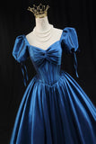 Blue Satin Ball Gown with Puff Sleeves, Princess Floor Length Prom Gown HZ0429