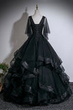 Black Layered Tulle Floor Length Prom Dress, A-Line V-Neck Party Dress HZ0429