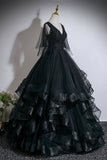 Black Layered Tulle Floor Length Prom Dress, A-Line V-Neck Party Dress HZ0429