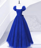 Cute Tulle Long Prom Dress with Bow, Royal Blue Short Sleeve Evening Party Dress HZ0429