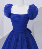 Cute Tulle Long Prom Dress with Bow, Royal Blue Short Sleeve Evening Party Dress HZ0429