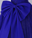 Cute Tulle Long Prom Dress with Bow, Royal Blue Short Sleeve Evening Party Dress HZ0429