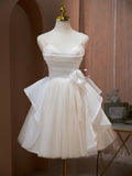 Champagne Spaghetti Strap Tulle Party Dress, Cute Knee Length Prom Dress HZ0429