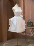 Champagne Spaghetti Strap Tulle Party Dress, Cute Knee Length Prom Dress HZ0429