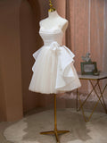 Champagne Spaghetti Strap Tulle Party Dress, Cute Knee Length Prom Dress HZ0429
