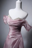 Elegant Pink Off-the-Shoulder Satin Evening Gown, Formal Prom Dress HZ0429