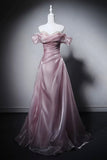 Elegant Pink Off-the-Shoulder Satin Evening Gown, Formal Prom Dress HZ0429