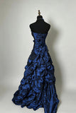 Navy Blue Strapless Prom Dress | Ruffled Beaded Evening Gown HZ0429