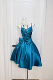 Blue Satin Prom Dress with Bow | Spaghetti Strap Formal Party Gown HZ0429