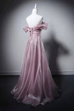 Elegant Pink Off-the-Shoulder Satin Evening Gown, Formal Prom Dress HZ0429
