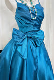 Blue Satin Prom Dress with Bow | Spaghetti Strap Formal Party Gown HZ0429