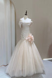 Off-the-Shoulder Mermaid Prom Dress, Champagne Tulle Evening Gown with 3D Floral HZ0429