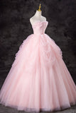 A-Line Pink Tulle Long Formal Gown, Pink Strapless Sweet 16 Princess Dress HZ0429