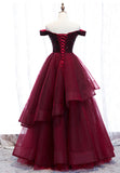 Burgundy Tulle Long A-Line Prom Dresses, Off the Shoulder Evening Dresses HZ0429
