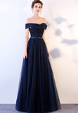 Blue Tulle Long Prom Dresses, A-Line Evening Dresses HZ0429