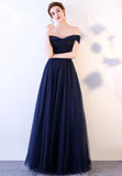 Blue Tulle Long Prom Dresses, A-Line Evening Dresses HZ0429