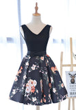 Cute V-Neck Floral Prom Dresses, A-Line Homecoming Dresses HZ0429