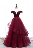 Burgundy Tulle Long A-Line Prom Dresses, Off the Shoulder Evening Dresses HZ0429