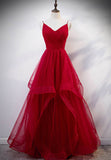 Burgundy Tulle Long Prom Dresses, V-Neck Evening Dress HZ0429