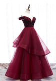 Burgundy Tulle Long A-Line Prom Dresses, Off the Shoulder Evening Dresses HZ0429