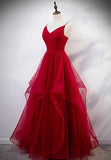 Burgundy Tulle Long Prom Dresses, V-Neck Evening Dress HZ0429