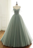 Green Tulle Long Prom Dresses, A-Line Spaghetti Straps Evening Dresses HZ0429