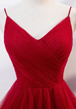 Burgundy Tulle Long Prom Dresses, V-Neck Evening Dress HZ0429