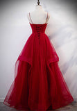 Burgundy Tulle Long Prom Dresses, V-Neck Evening Dress HZ0429