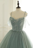 Green Tulle Long Prom Dresses, A-Line Spaghetti Straps Evening Dresses HZ0429