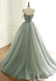 Green Tulle Long Prom Dresses, A-Line Spaghetti Straps Evening Dresses HZ0429