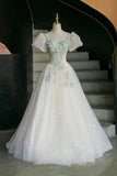 Fairy Tale Inspired White Sparkle Tulle Ball Gown with Mint Floral Embroidery HZ0429