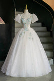 Fairy Tale Inspired White Sparkle Tulle Ball Gown with Mint Floral Embroidery HZ0429