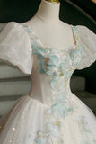 Fairy Tale Inspired White Sparkle Tulle Ball Gown with Mint Floral Embroidery HZ0429
