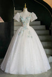 Fairy Tale Inspired White Sparkle Tulle Ball Gown with Mint Floral Embroidery HZ0429