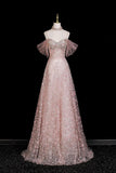 Pink Off-the-Shoulder Sequin Prom Dress, Sparkly A-Line Evening Gown with Tulle Sleeves HZ0429