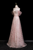 Pink Off-the-Shoulder Sequin Prom Dress, Sparkly A-Line Evening Gown with Tulle Sleeves HZ0429