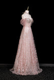 Pink Off-the-Shoulder Sequin Prom Dress, Sparkly A-Line Evening Gown with Tulle Sleeves HZ0429
