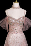 Pink Off-the-Shoulder Sequin Prom Dress, Sparkly A-Line Evening Gown with Tulle Sleeves HZ0429