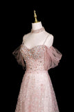 Pink Off-the-Shoulder Sequin Prom Dress, Sparkly A-Line Evening Gown with Tulle Sleeves HZ0429