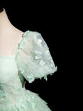 Green Tulle Long Prom Dress with Butterfly, Beautiful A-line Short Sleeve Evening Dress HZ0429