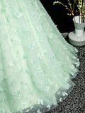 Green Tulle Long Prom Dress with Butterfly, Beautiful A-line Short Sleeve Evening Dress HZ0429