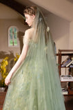 Green Strapless Tulle Long Prom Dress, Beautiful A-line Evening Party Dress HZ0429