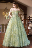 Green Strapless Tulle Long Prom Dress, Beautiful A-line Evening Party Dress HZ0429