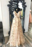Champagne V-Neck Sequins Long Prom Dresses, A-Line Evening Dresses HZ0429