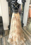 Champagne V-Neck Sequins Long Prom Dresses, A-Line Evening Dresses HZ0429